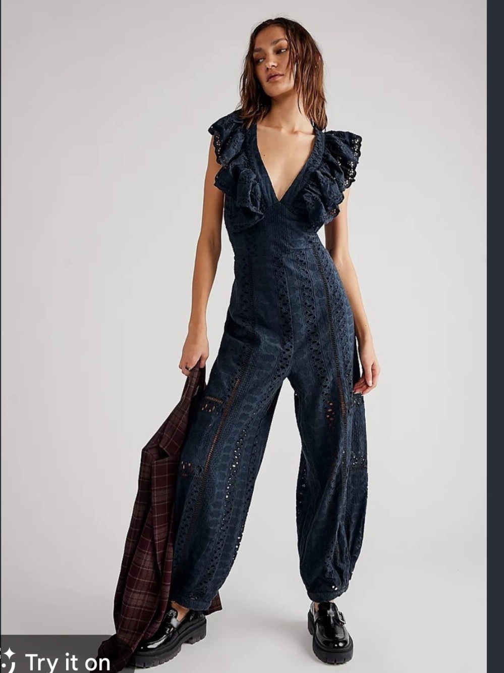 Free People Navy Eyelet Ruffle V‑Neck Jumpsuit